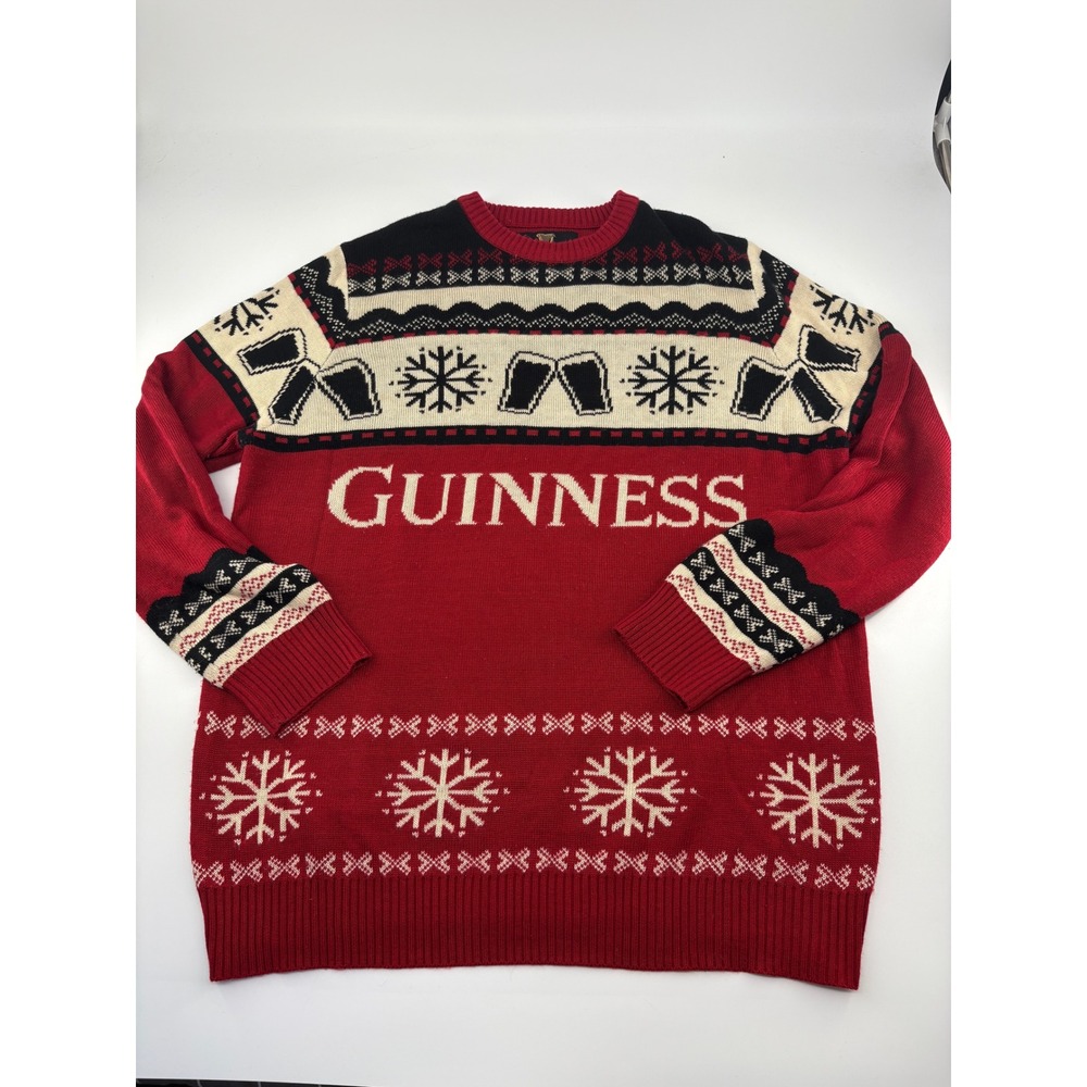 Guinness Mens XL Red Fair Isle Ugly Christmas Sweater Pint Glass Snowflake Knit